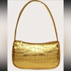 Gold croc embossed baguette bag